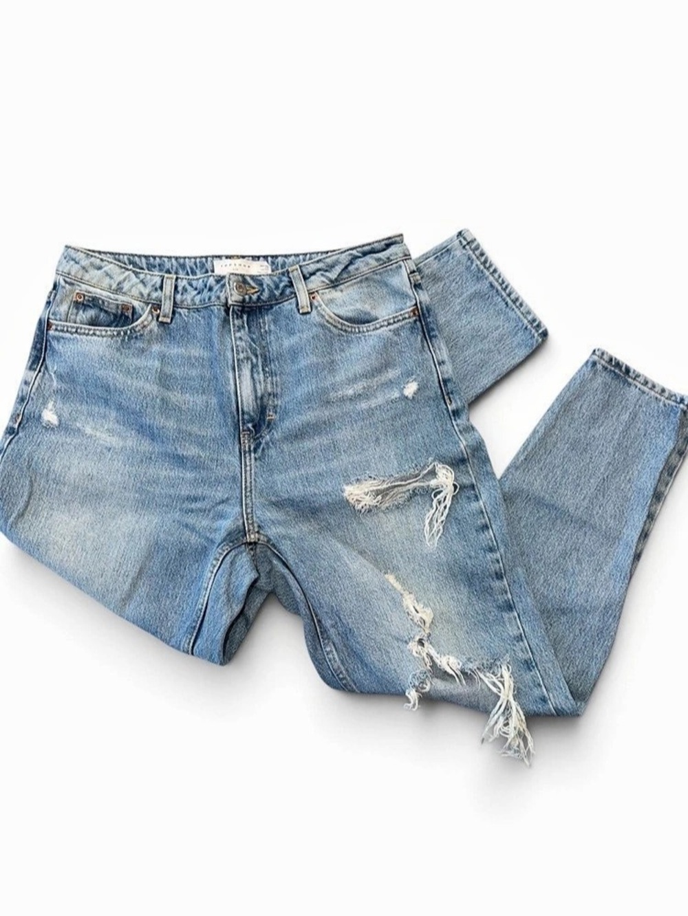 Topshop Mom Jeans W30 L30 Light Wash Distressed High Rise Tapered - Picture 10 of 11